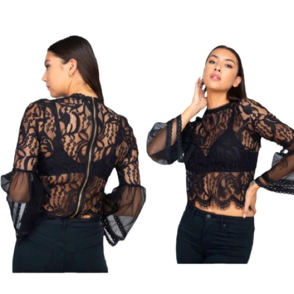 Shirt blouse top lace bell sleeves floral sheer fashion plus black tee tunic